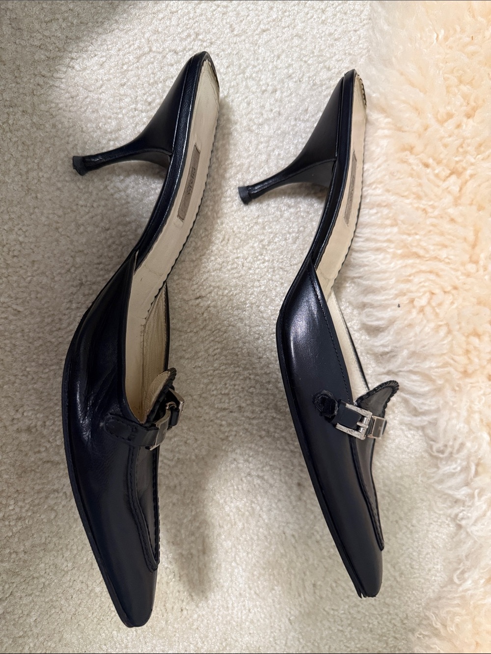 Vintage Prada Black Leather Pointed Mules with Metal Logo Plaque - Picture 5 of 5